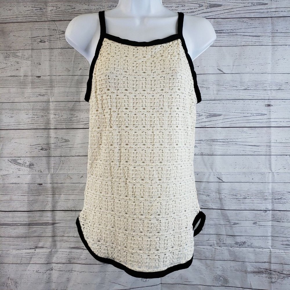 Weston Womens Tank Top Sz Large Ivory Black Trim‎ Lace